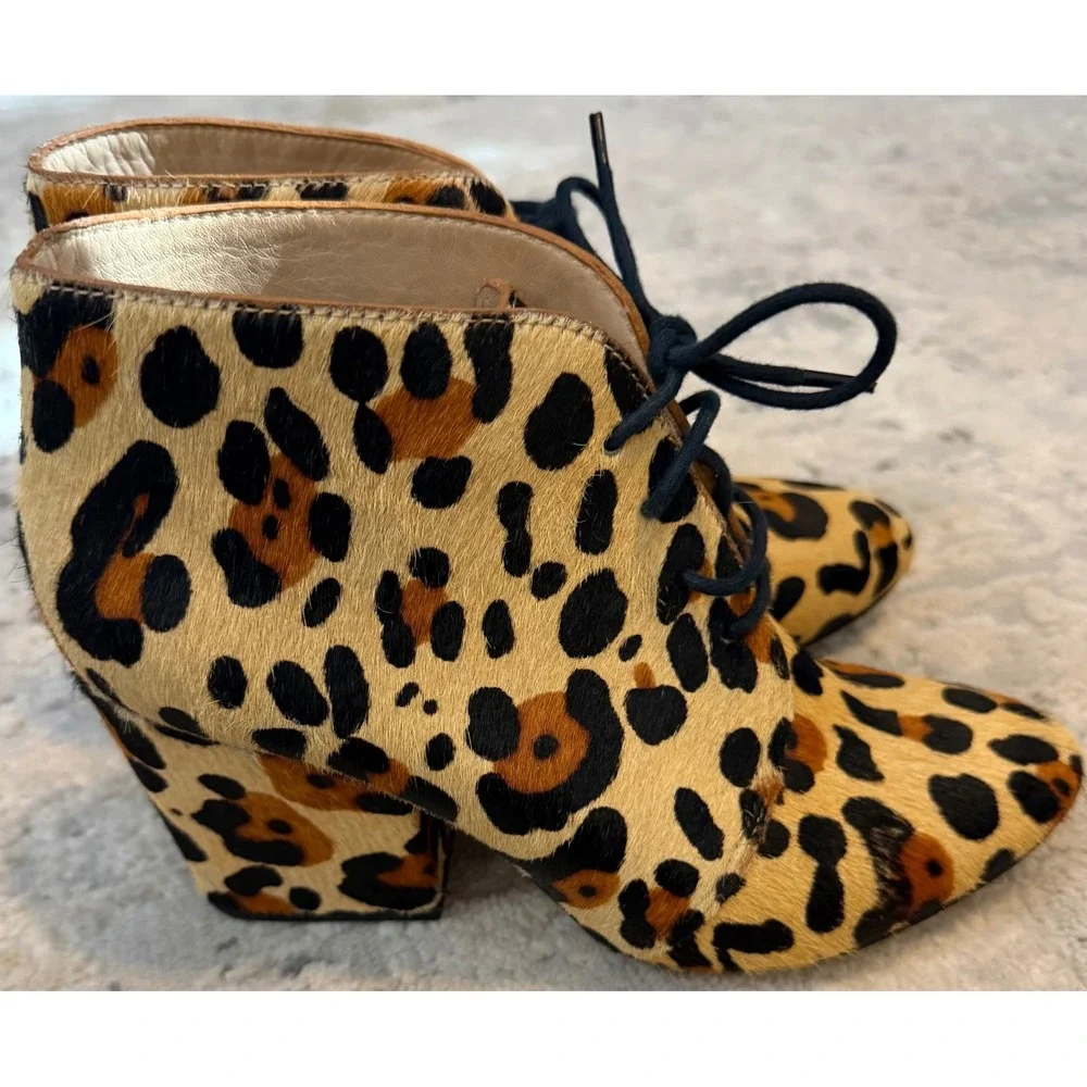 Kate Spade Leopard Print Calf Hair Lace Up Ankle Booties Block Heel 6M Brazil